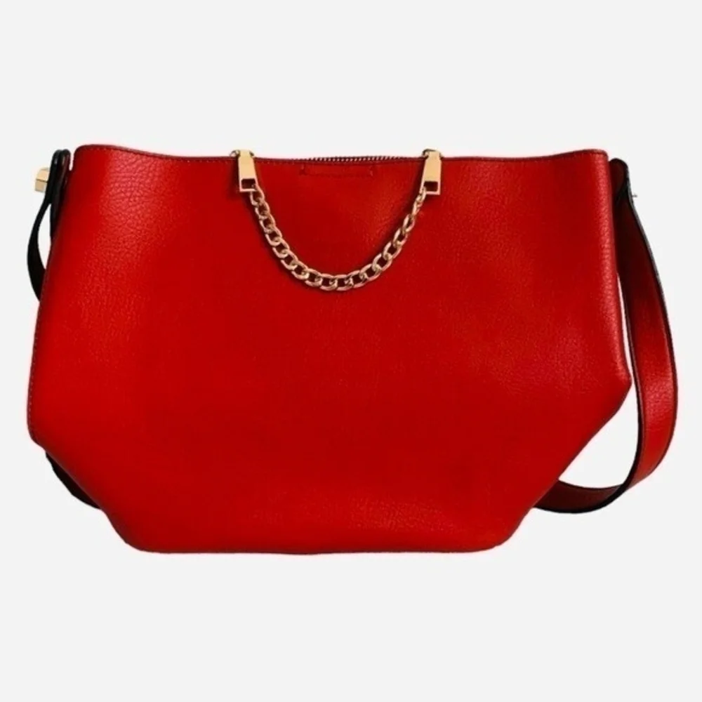 Red Vegan Leather Tote Handbag Womens Shoulder Bag Lightweight Midi Satchel NWOT - Picture 2 of 3